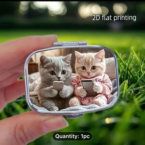 Cute Kitten 2 compartment pill case with Mirror - Gray & Cream Kittens
